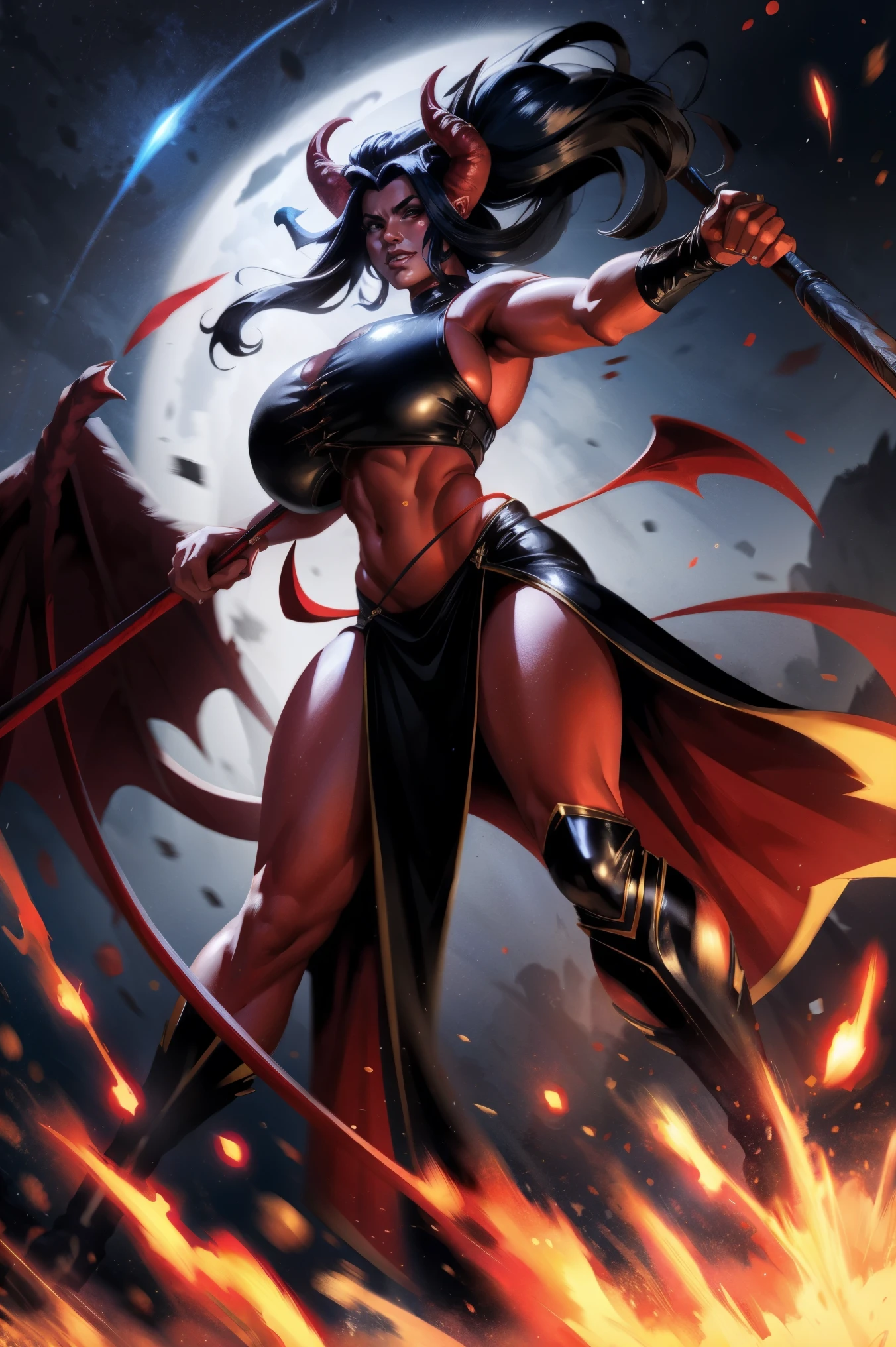 Red skin succubus tiefling, digitigrade legs, full , huge breasts horns, wings, huge tail, black leather, crop top, long flowing pelvic curtain, tall, athletic, graceful, thin, long black ponytail. Action scene, whip. Dark scene, explosions, night sky.