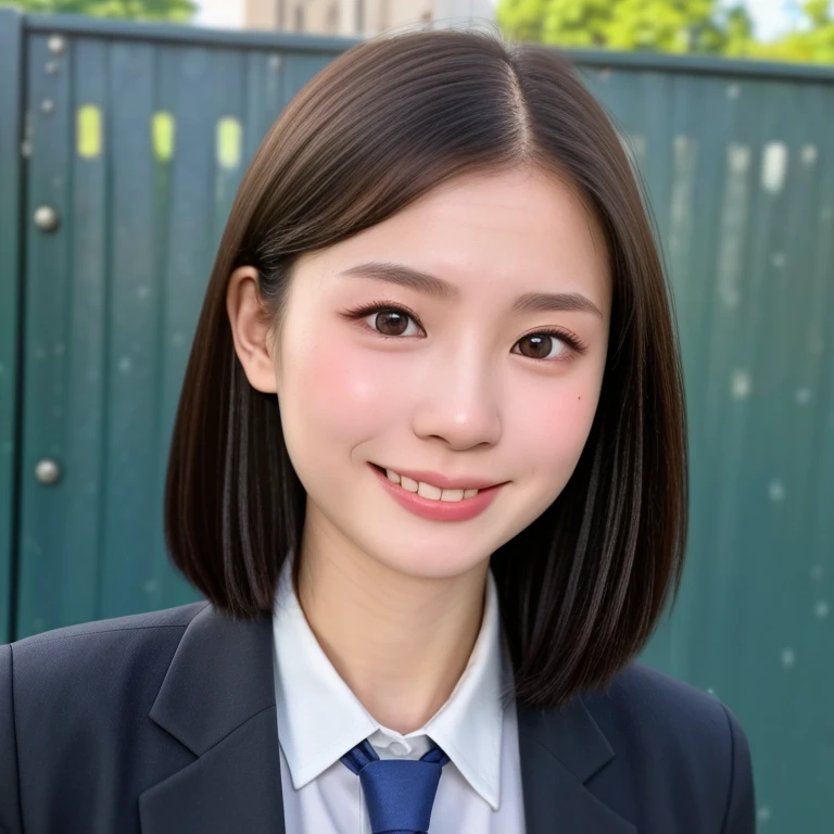 (kawaii 18 year-old Japanese girl, Nogizaka idol, Korean idol, highschool student), healthy female athlete body, (glossy black hair, very short hair, pixie cut, forehead:1.2), beautiful black eyes, rounded face, single eyelid, (no makeup:1.2), (big laughing), (recruit suit jacket, collared shirt, necktie, plaid skirt, glasses), extra small breasts, BREAK, (school entrance gate background, summer, sunny daytime:1.2), (dynamic angle, bust shot:1.2), BREAK, (masterpiece, best quality, photo realistic, official art:1.4), (UHD, 8K quality wallpaper, high resolution, raw photo, golden ratio:1.3), (shiny skin), professional lighting, physically based rendering, award winning, (highly detailed skin texture, extremely detailed face and eyes textures), Carl Zeiss 300 mm F/2.8, depth of field, (1girl, solo),