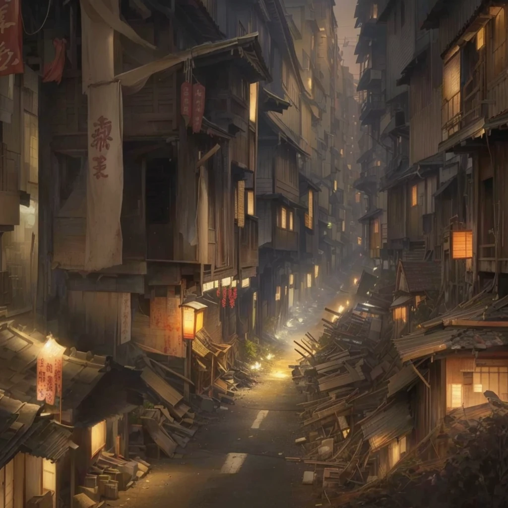 There is a painting of a street with a fire in the middle., urban Concept Art, eerie nostalgic Concept Art, highly realistic Concept Art, Concept Art , Highly rendered, painterly Concept Art, Concept Art for a video game, Concept Art stunning atmosphere, high quality digital Concept Art, photorealistic dark Concept Art, stunning Concept Art, award winning Concept ArtBlazing flames, fire, crowd, throng, freezing, mother warming her baby.Scenery and Cityscape in the Early Meiji Era After the Meiji Restoration, Japan underwent rapid modernization and civilization. Consequently, many changes and reforms occurred. Below is a detailed explanation of the scenery, appearance of the poor, occupations, and cityscapes in the early Meiji period (1868 to the early 1880s). 2. Appearance of the Poor Life for the impoverished and lower classes remained harsh. In particular, in urban areas, people migrated from rural areas or unemployed artisans gathered, intensifying competition in the labor market. Many of them struggled with poverty, often residing in slums or around temples. 3. Occupations Meiji early Japan witnessed a diversification of occupations. Traditional agriculture and handicrafts were accompanied by the rise of modern industry and commerce. Particularly in urban areas, factory workers, shop clerks, and transporters increased, giving rise to new professions. However, many in these occupations endured harsh working conditions. 4. Influence of Civilization and Enlightenment During the Meiji era, Western cultural influences spread rapidly. Changes in clothing, dietary habits, and the proliferation of Western-style architecture advanced, especially in urban areas. Conversely, this development posed a threat to traditional culture and lifestyles, resulting in societal upheaval and adaptation challenges. 5. Social Change and Policy Influence While promoting modernization policies, the government also addressed poverty and social issues. Legislation for labor protection and charitable activities to aid the poor were implemented. Nevertheless, living cond