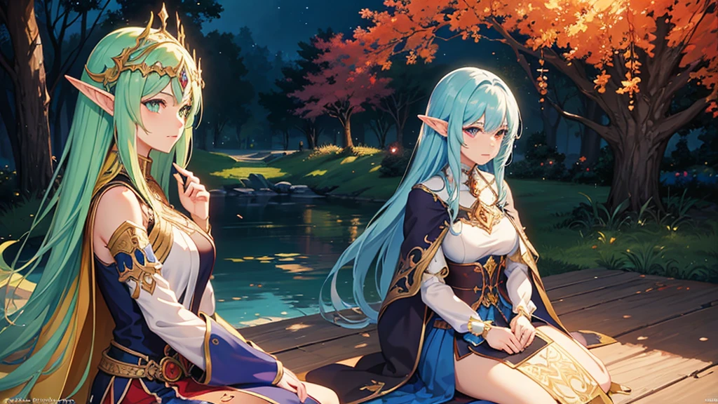 high quality、8k、Arabic style portrait of a woman sitting on a bench in front of a castle, night、full moon、Gwaise Style、neon、Beautiful fantasy anime, Detailed fantasy digital animation, Fantasy anime style, epic Fantasy anime style hd, Detailed fantasy anime, Beautiful and elegant elven queen, 2. 5d cgi anime fantasy artwork, Epic fantasy digital art style, Fantasy-style anime, Very beautiful fantasy art、16：9