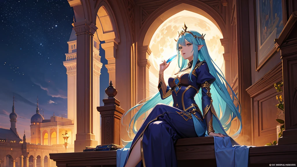 high quality、8k、Arabic style portrait of a woman sitting on a bench in front of a castle, night、full moon、Gwaise Style、neon、Beautiful fantasy anime, Detailed fantasy digital animation, Fantasy anime style, epic Fantasy anime style hd, Detailed fantasy anime, Beautiful and elegant elven queen, 2. 5d cgi anime fantasy artwork, Epic fantasy digital art style, Fantasy-style anime, Very beautiful fantasy art、16:9