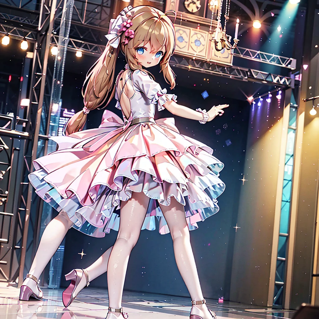 Solo, 1 girl, comical, kawaii, Blue eyes, light brown hair, back high twintails, front braids, (princess dress),  white top, ((yellow dress 1.5)), open mouth smile, from back, from below, dance at the stage, neon and led lights, posing, sexy, high-resolution image, masterpiece, high quality, attractive eyes, full body 
