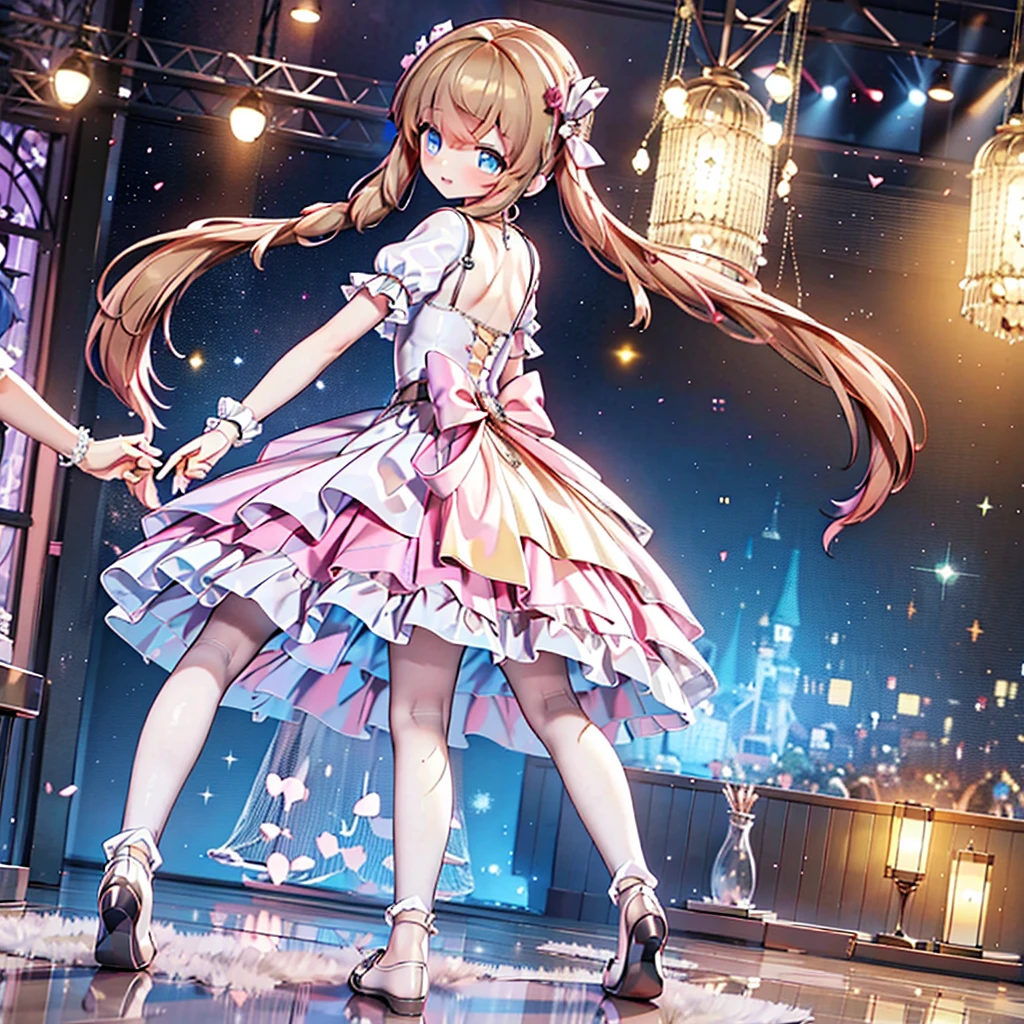 Solo, 1 girl, comical, kawaii, Blue eyes, light brown hair, back high twintails, front braids, (princess dress),  white top, ((yellow dress 1.5)), open mouth smile, from back, from below, dance at the stage, neon and led lights, posing, sexy, high-resolution image, masterpiece, high quality, attractive eyes, full body 
