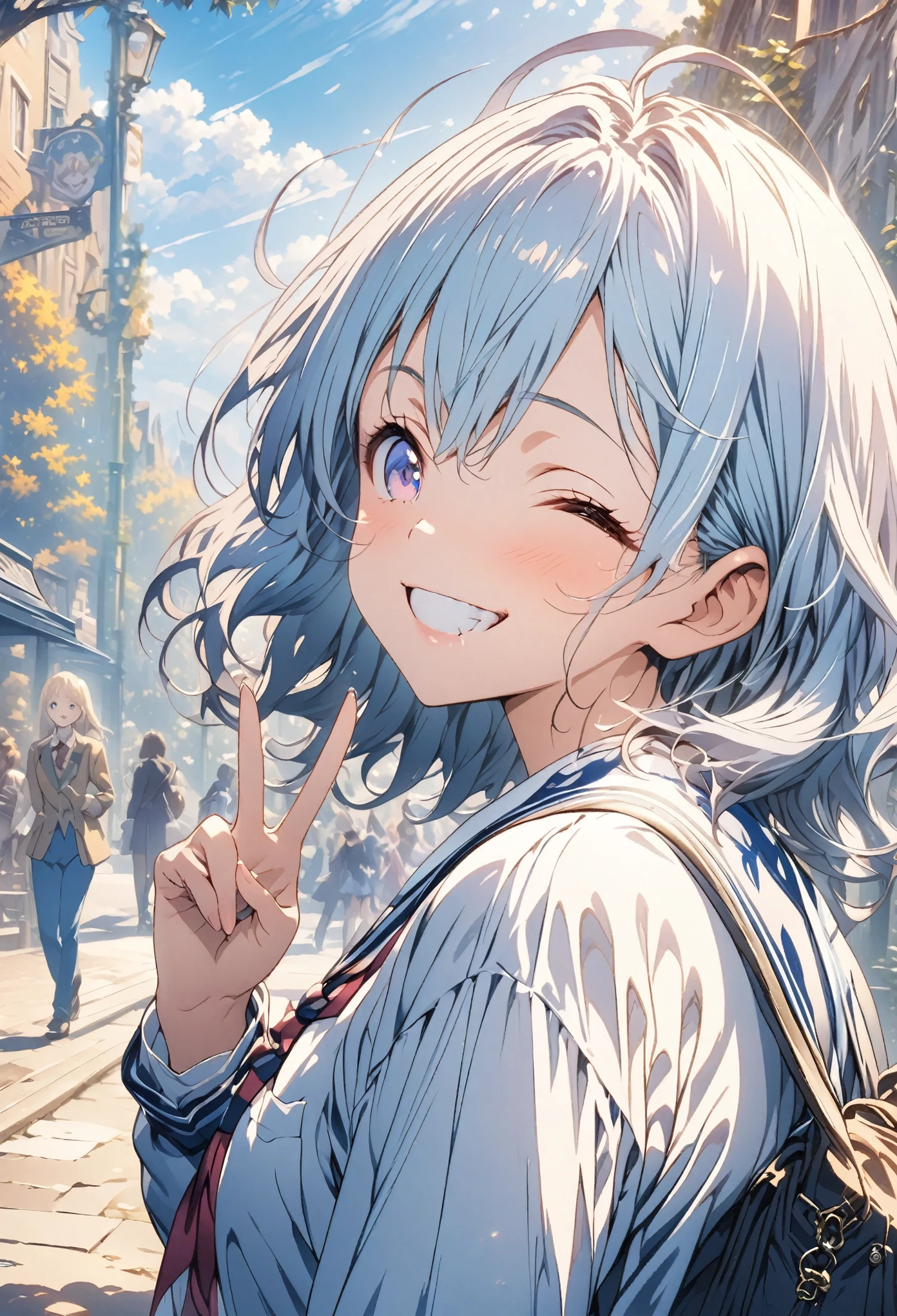 masterpiece, Highest quality, Highly detailed CG Unity 8K wallpapers, High School Girl Anime Illustration. Wearing a uniform、She is making the peace sign while eating her lunch、Blue Hair、she has her eyes closed and mouth open, smile. The background is a light pastel colored landscape