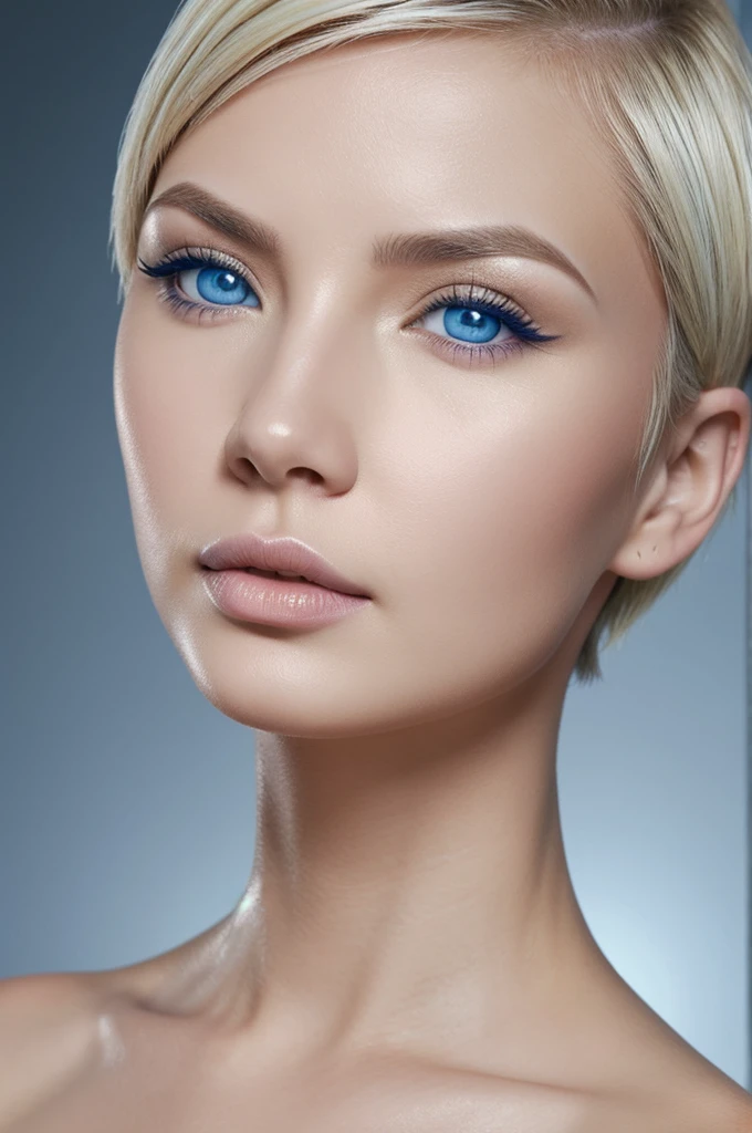 white swedish blonde woman with blue eyes and short hair, (((pixie cut))), devil_smile, azure eyes, posing for a picture, large eyes, beautiful blonde girl, gorgeous young model, beautiful female model