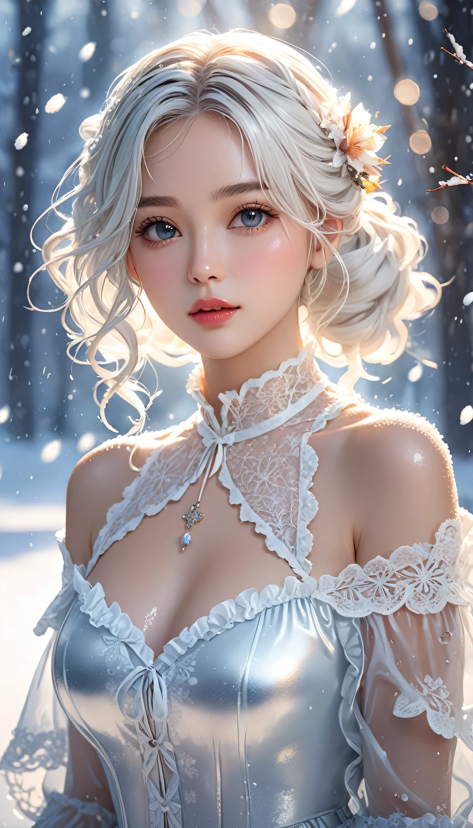 (((masterpiece))),best quality,illustration,4k wallpaper,movie lighting,absurd,1 girl,(snow,ice),snow flower,in winter,white hair,shiny hair,curls,transparent clothes,frills,lace,wet clothes,leave_Shoulder,hair tie,masterpiece,telephoto lens,absurd,Exquisite face,features,natural light,soft light,(Seven-part combination),epic,Dreamy and magical,mystery,