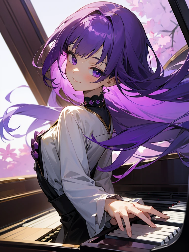 masterpiece、最高masterpiece、anime、Purple Hair、Purple eyes、 girl、smile、A small grand piano on the right🎹、She&#39;s wearing cute silver earrings、Upper Body、profile、Sitting in a chair、Playing with both hands
