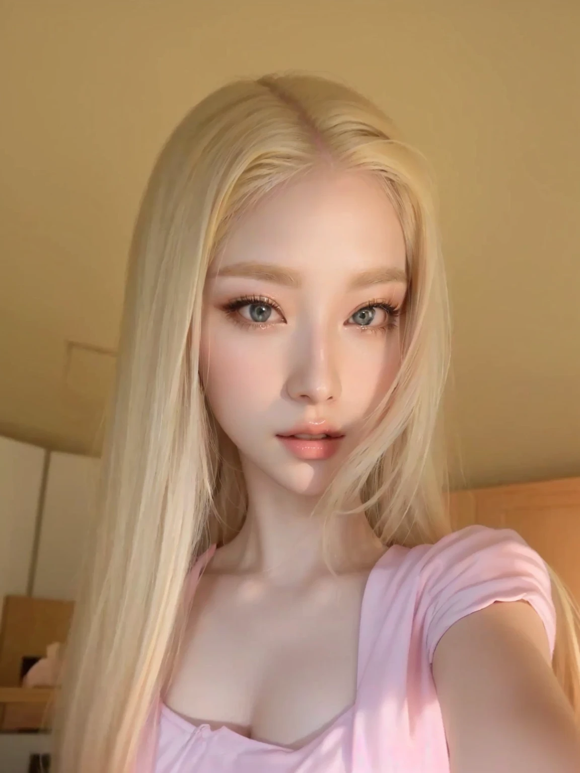blonde girl with long hair and pink dress taking a selfie, with white long hair, with long white hair, long blonde hair and big eyes, long blonde hair and big eyes, with long blonde hair, korean, maquiagem sul-korean popular, linda mulher sul-korean, pale milky white porcelain skin, maquiagem korean popular, white hime cut hairstyle, extremely light blonde hair, big boobies