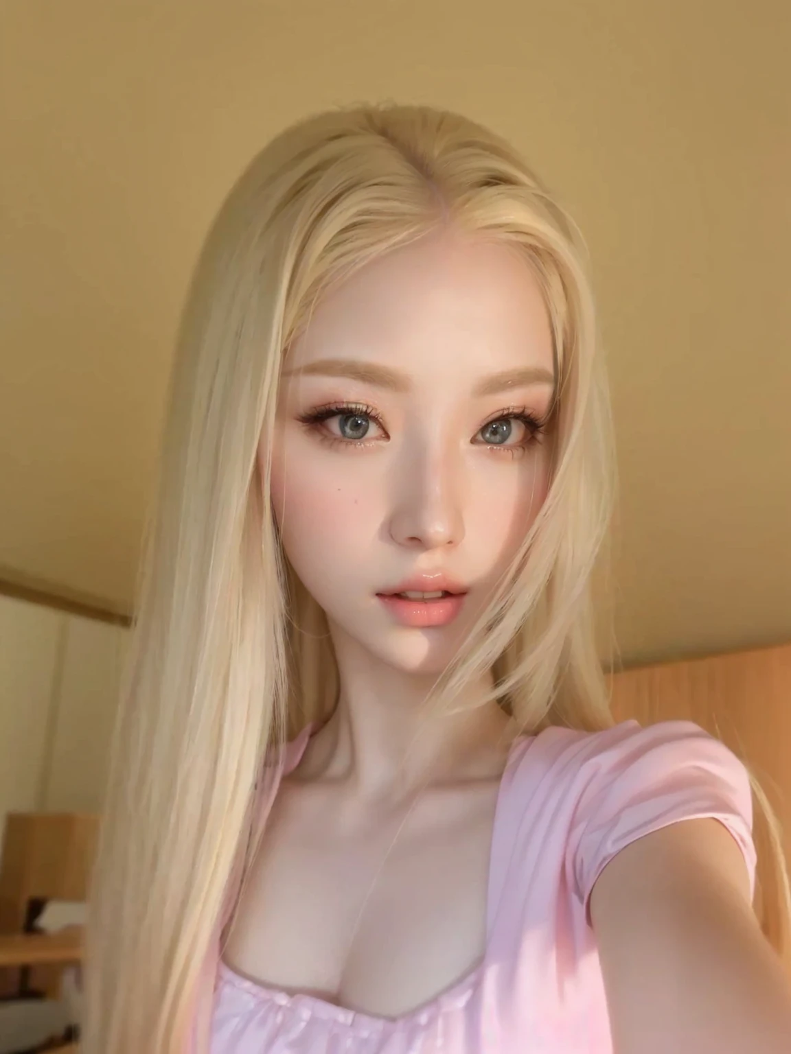 blonde girl with long hair and pink dress taking a selfie, with white long hair, with long white hair, long blonde hair and big eyes, long blonde hair and big eyes, with long blonde hair,  korean, maquiagem sul-korean popular, linda mulher sul-korean, pale milky white porcelain skin, maquiagem korean popular, white hime cut hairstyle, extremely light blonde hair, big boobies