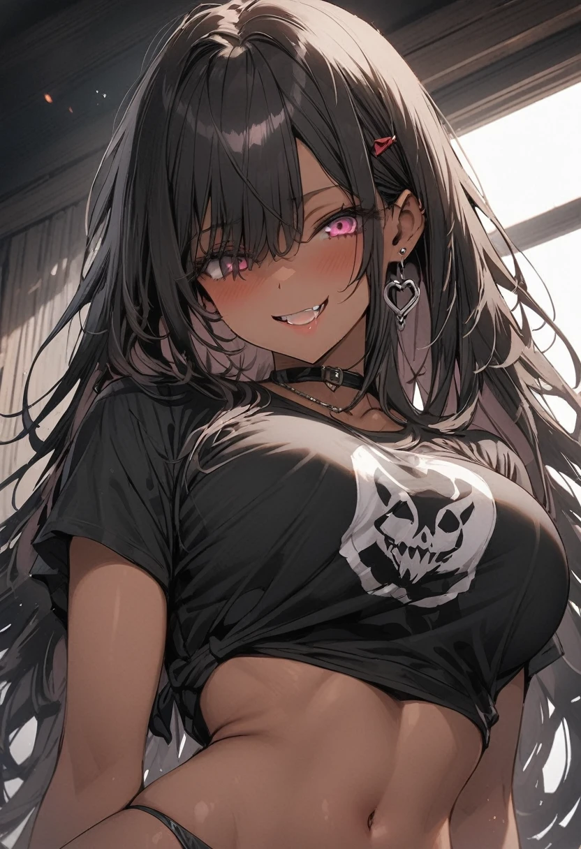 ((masterpiece,High resolution,Highest quality))
(28 years old,一人の浅Dark Skinの女性,Very small waist,Big Breasts, Provocative smile, Charm, 
(Purple shorthair, Bangs alignment, Dark Skin,Pink Eyes,poorly eyes)
(Black Micro T-Shirt, No bra), tight, Bite, vibrator, Small Dildo, Put it in your panties, 