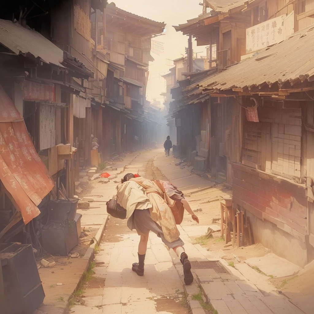 There is a picture of a man walking down the street., Gwaiz, artwork in the style of Gwaiz, Inspired by Carl Spitzweg, by Han Gan, Jan J, Gwaiz on pixiv artstation, Gwaiz and makoto shinkai, The ancient street behind her, Beautiful artwork illustration, Gwaiz masterpieceBlazing flames, fire, crowd, throng, freezing, mother warming her baby.Scenery and Cityscape in the Early Meiji Era After the Meiji Restoration, Japan underwent rapid modernization and civilization. Consequently, many changes and reforms occurred. Below is a detailed explanation of the scenery, appearance of the poor, occupations, and cityscapes in the early Meiji period (1868 to the early 1880s). 2. Appearance of the Poor Life for the impoverished and lower classes remained harsh. In particular, in urban areas, people migrated from rural areas or unemployed artisans gathered, intensifying competition in the labor market. Many of them struggled with poverty, often residing in slums or around temples. 3. Occupations Meiji early Japan witnessed a diversification of occupations. Traditional agriculture and handicrafts were accompanied by the rise of modern industry and commerce. Particularly in urban areas, factory workers, shop clerks, and transporters increased, giving rise to new professions. However, many in these occupations endured harsh working conditions. 4. Influence of Civilization and Enlightenment During the Meiji era, Western cultural influences spread rapidly. Changes in clothing, dietary habits, and the proliferation of Western-style architecture advanced, especially in urban areas. Conversely, this development posed a threat to traditional culture and lifestyles, resulting in societal upheaval and adaptation challenges. 5. Social Change and Policy Influence While promoting modernization policies, the government also addressed poverty and social issues. Legislation for labor protection and charitable activities to aid the poor were implemented. Nevertheless, living conditions for the impoverished scarcely improved. The early Meiji period marked a rapid transforma