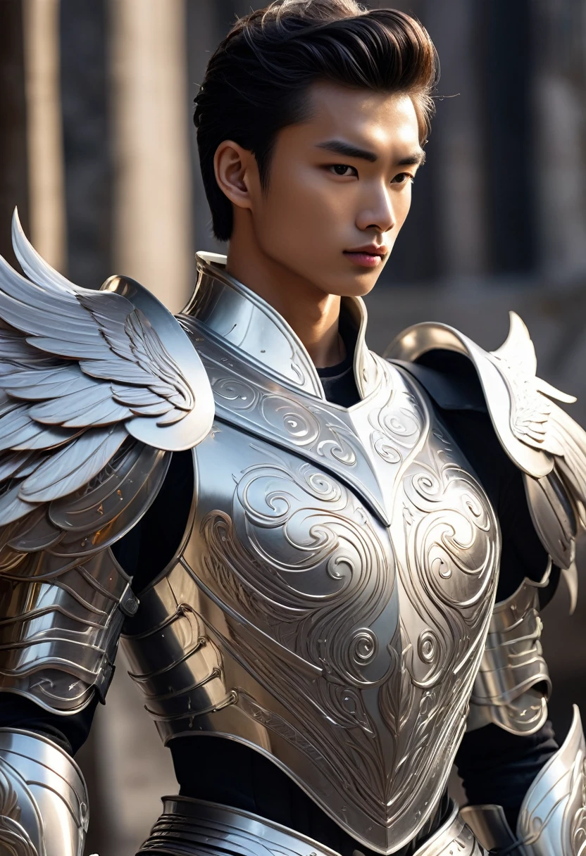 A young man with a silver metallic machine body, Cel animation style, Swan carvings are designed into the armor., (((The true face of humanity is revealed))), Armor in the shape of a swan's wing, (((A man with long yellow blonde hair))), Long Hair, Silver armor over blue clothes, Super beautiful image quality, Professional painter, Highest quality, 18-year-old,