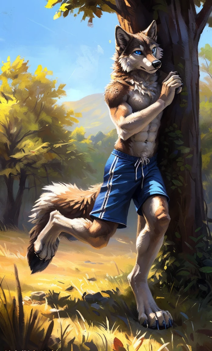 ((Solo)), male people, anthro wolf, (Multi-colored fur, White-brown:1.3，White tail pointed), (Height 2.1m,Tail length 1.2m), ((Wolf face, Big eyes, White eyelids, Blue pupil, Slim:1.2) (Tough, Calm expression:1.2)), Abs, Slim, pinging)), (Correct ???????), (Work shorts:1.1), The upper body  naked, (detailed outfits),A long big tail，Feet，(Realistic fur, Detailed fur texture, labeled:1.3)), (Natural lighting), Photorealistic, Hyperrealistic, ultradetailed, by Kenket，Field，erect through，Running on