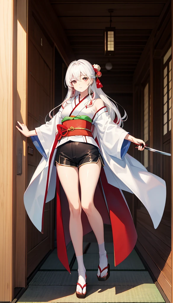 Good quality full body photo))(Teenage girl))アニメ)) teenage girl with straight white hair with red highlights, straight white hair with red highlights, long  hair, red band in hair, red hair tie in hair, big hair, Eyes red, scar on cheek, Caucasian skin, kimono tight shirt, japanese kimono, blue kimono blouse, blue blouse, short shorts, short shorts, big black socks, yellow belt on the waist in the middle of the kimono, swords, Eyes red, he would be,Darkening, haughty, habilidade swordshin,swords na cinturado kimono, breasts a little big, japanese wooden slipper,