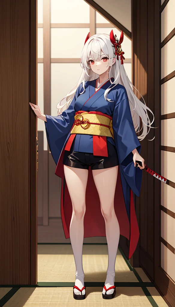 Good quality full body photo))(Teenage girl))アニメ)) teenage girl with straight white hair with red highlights, straight white hair with red highlights, long  hair, red band in hair, red hair tie in hair, big hair, Eyes red, scar on cheek, Caucasian skin, kimono tight shirt, japanese kimono, blue kimono blouse, blue blouse, short shorts, short shorts, big black socks, yellow belt on the waist in the middle of the kimono, swords, Eyes red, he would be,Darkening, haughty, habilidade swordshin,swords na cinturado kimono, breasts a little big, japanese wooden slipper,