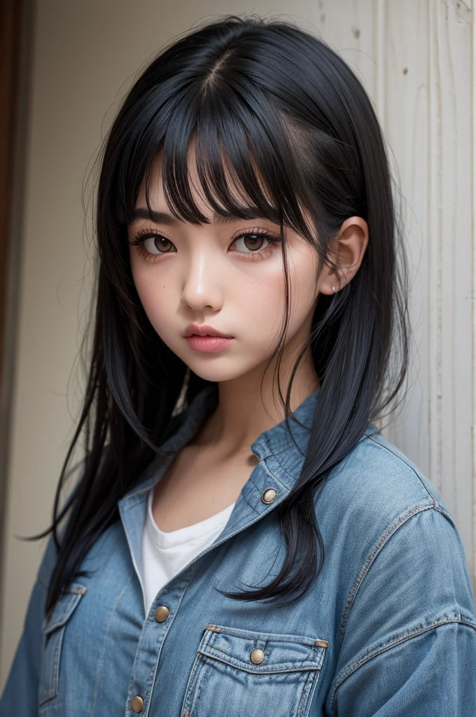 Girl with black hair pouting