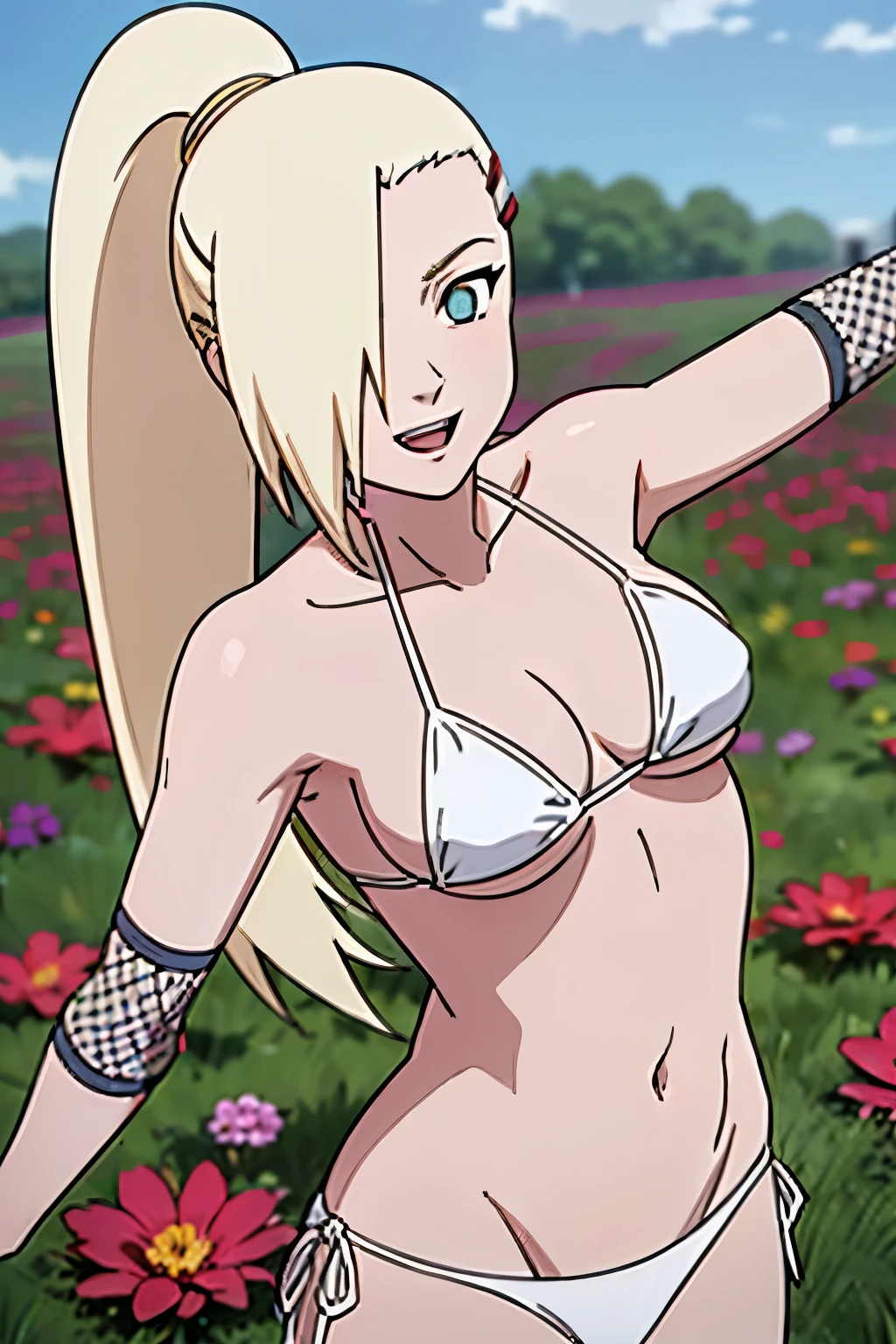 (White bikini:1.5), Ino yamanaka, ultra details, ultra detailed hair, looking at the viewer, gorgeous, attractive, groin, cowboy shot, ultra detailed face, sunny day, day time, shiny skin, upper body view, anime style, solo, detailed flower field, blonde, (focus on breasts), ((one eye covered with hair, hair over eye, ponytail)), (medium breasts), belly button, looking at the viewer, thick arms, (off-shoulders, wide shoulders, curving body), hidden eye, smile, open mouth, very happy, tall, hair clip, sharp look, sharp face, sharp eye, cold colors,
