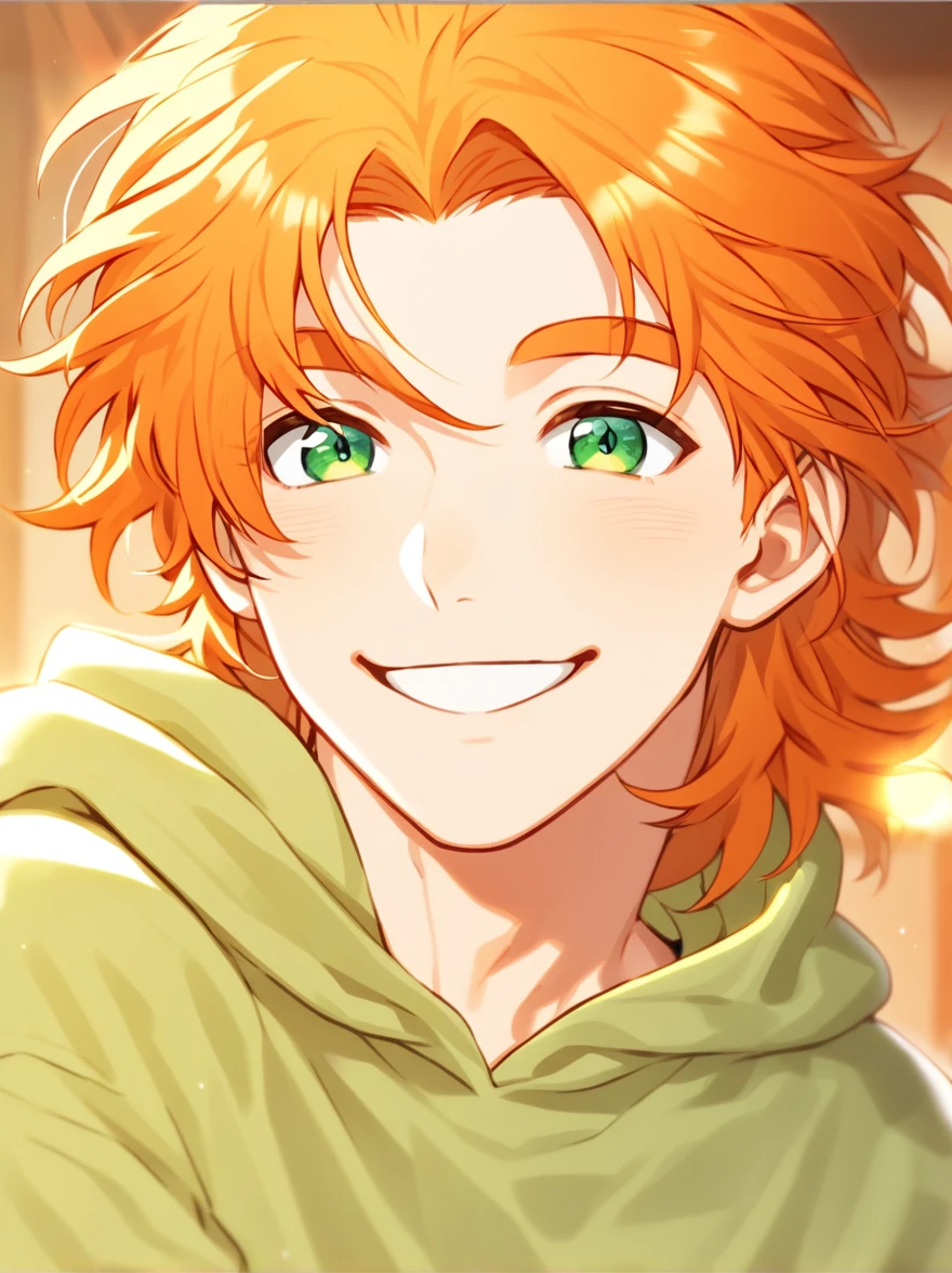 Solo male, male, orange hair, green eyes, mullet hair, smiling, happy, cozy background, shining light, perfect eyes, wearing hoodie 