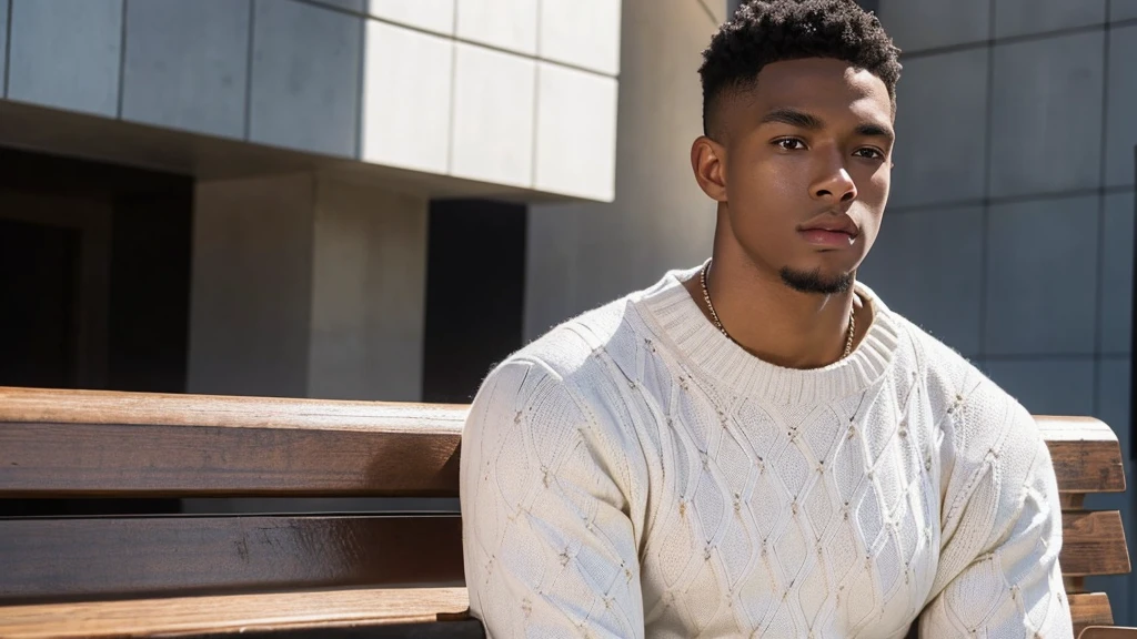 (( standing up )) (( black male, 22 years old, handsome, strong built)) ((Wearing square design printed white sweater)) up from the bench, taking a deep breath with a look of determination, ready to face their fears and challenges.