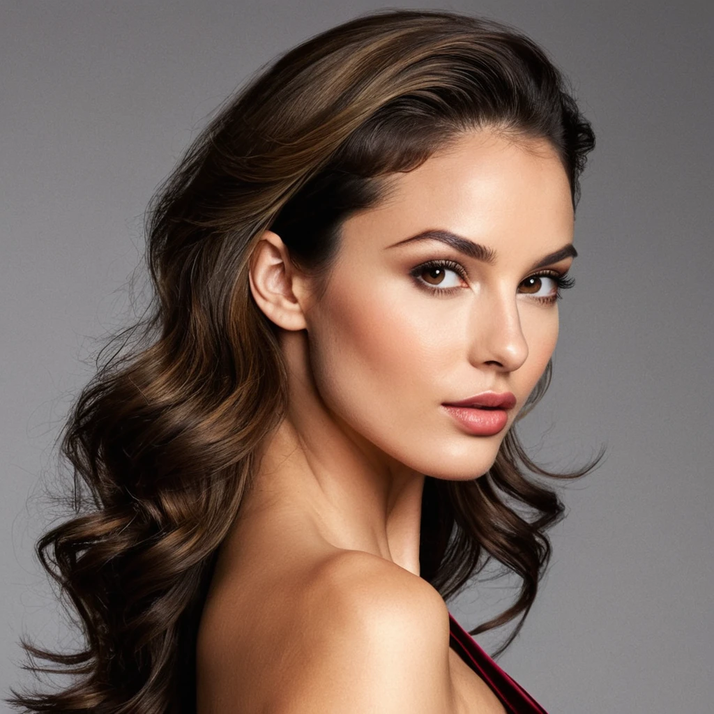 beautiful brunette, (((oval face shape with golden proportions, tall and defined cheekbones, gently angular jaw, slightly pointed chin, medium forehead with gently arched hairline))), wavy brown hair in a sleek half-up hairstyle, ((arched eyebrows)), (((dramatic pose, Profile, with the body arched and arms extended))). (((Wide medium shot, showing the character from the thigh up, with a background of artistically draped burgundy velvet fabric))). highy detailed, 20 year, ((eyes browns)). (((Nose with straight back, slightly rounded tip, harmonious proportion with the face, symmetrical and refined nostrils))). ((Medium, well-defined lips, soft cupid&#39;s bow, natural redness around the edges, smooth texture with visible hydration)). high resolution, work of art. Pele realista Fitzpatrick IV, texture of "Orange peel" subtle on the cheeks, discrete nevus of Ota. ((Wearing a black lace bodysuit with a transparent tulle skirt overlaid)). excellent quality, extremely detaild, sharp focus, ((shooting with Canon EOS R3, Canon RF 50mm f/1.2L USM)), Canon Cinema Gamut color vision. Proportionate Body, photoshot_(ultra), photoshotrrealismo, photoshotgrafia (film grain) (((Dramatic lighting using hard side light creating sharp shadows and a contour halo, complemented by a soft bluish fill))) Em primeiro plano.