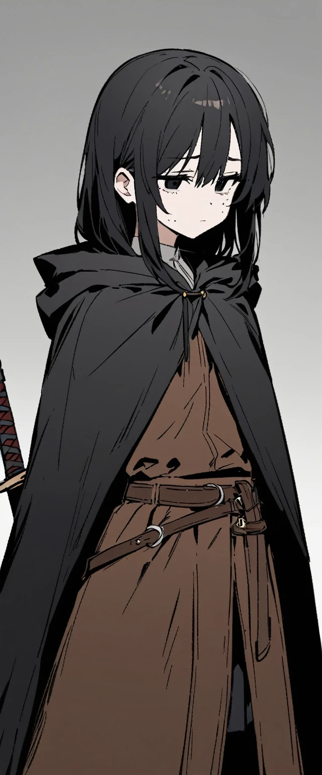 Drawing style of a small 14 year old teenage girl with black hair with a small shadow on her face showing how gloomy she is with black eyes wearing brown leather clothing with a black cloak while she has a sword in her sheath with a strap on your waist, with an empty look without feelings looking at nothing