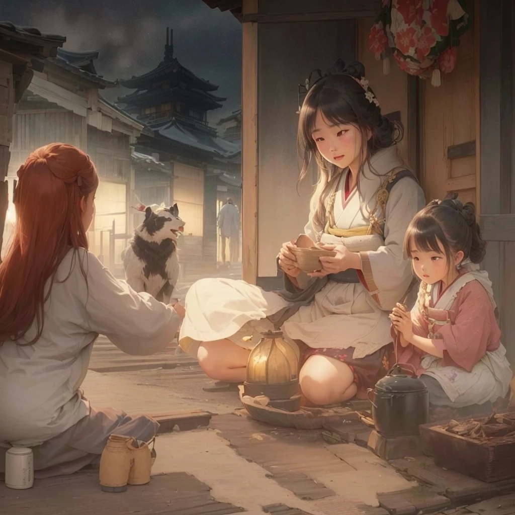 masterpiece, Highest quality, (Highly detailed CG Unity 8k wallpaper), (Highest quality), (Best illustrations), (Best Shadow), Absurd, Realistic lighting, (abyss), Beautiful sparkle, art：PeterMohrBacher,Blazing flames, fire, crowd, throng, freezing, mother warming her baby.Scenery and Cityscape in the Early Meiji Era After the Meiji Restoration, Japan underwent rapid modernization and civilization. Consequently, many changes and reforms occurred. Below is a detailed explanation of the scenery, appearance of the poor, occupations, and cityscapes in the early Meiji period (1868 to the early 1880s). 2. Appearance of the Poor Life for the impoverished and lower classes remained harsh. In particular, in urban areas, people migrated from rural areas or unemployed artisans gathered, intensifying competition in the labor market. Many of them struggled with poverty, often residing in slums or around temples. 3. Occupations Meiji early Japan witnessed a diversification of occupations. Traditional agriculture and handicrafts were accompanied by the rise of modern industry and commerce. Particularly in urban areas, factory workers, shop clerks, and transporters increased, giving rise to new professions. However, many in these occupations endured harsh working conditions. 4. Influence of Civilization and Enlightenment During the Meiji era, Western cultural influences spread rapidly. Changes in clothing, dietary habits, and the proliferation of Western-style architecture advanced, especially in urban areas. Conversely, this development posed a threat to traditional culture and lifestyles, resulting in societal upheaval and adaptation challenges. 5. Social Change and Policy Influence While promoting modernization policies, the government also addressed poverty and social issues. Legislation for labor protection and charitable activities to aid the poor were implemented. Nevertheless, living conditions for the impoverished scarcely improved. The early Meiji period marked a rapid transformation in Japan, with complex social landscapes involving challenges face.