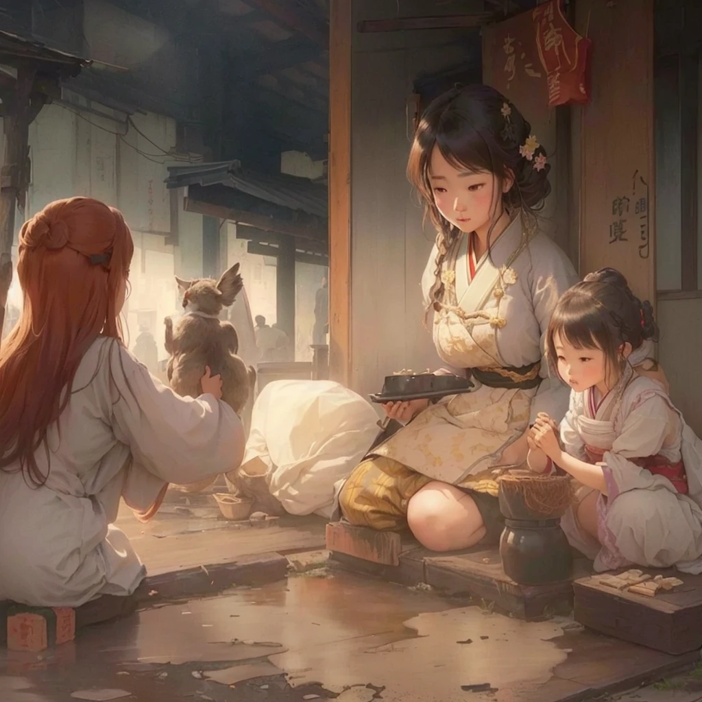 masterpiece, Highest quality, (Highly detailed CG Unity 8k wallpaper), (Highest quality), (Best illustrations), (Best Shadow), Absurd, Realistic lighting, (abyss), Beautiful sparkle, art:PeterMohrBacher,Blazing flames, fire, crowd, throng, freezing, mother warming her baby.Scenery and Cityscape in the Early Meiji Era After the Meiji Restoration, Japan underwent rapid modernization and civilization. Consequently, many changes and reforms occurred. Below is a detailed explanation of the scenery, appearance of the poor, occupations, and cityscapes in the early Meiji period (1868 to the early 1880s). 2. Appearance of the Poor Life for the impoverished and lower classes remained harsh. In particular, in urban areas, people migrated from rural areas or unemployed artisans gathered, intensifying competition in the labor market. Many of them struggled with poverty, often residing in slums or around temples. 3. Occupations Meiji early Japan witnessed a diversification of occupations. Traditional agriculture and handicrafts were accompanied by the rise of modern industry and commerce. Particularly in urban areas, factory workers, shop clerks, and transporters increased, giving rise to new professions. However, many in these occupations endured harsh working conditions. 4. Influence of Civilization and Enlightenment During the Meiji era, Western cultural influences spread rapidly. Changes in clothing, dietary habits, and the proliferation of Western-style architecture advanced, especially in urban areas. Conversely, this development posed a threat to traditional culture and lifestyles, resulting in societal upheaval and adaptation challenges. 5. Social Change and Policy Influence While promoting modernization policies, the government also addressed poverty and social issues. Legislation for labor protection and charitable activities to aid the poor were implemented. Nevertheless, living conditions for the impoverished scarcely improved. The early Meiji period marked a rapid transformation in Japan, with complex social landscapes involving challenges face.