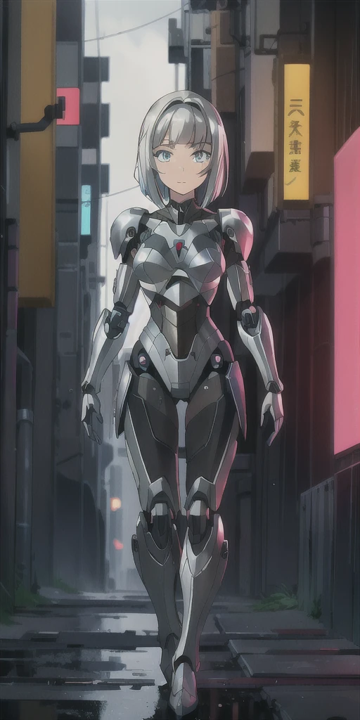 Anna nishikinomiya with the same body as a woman but only with armor that covers her entire body, has a (robotic armor) turned into a Cyborg, of the shoulders and torso, and robotic legs without garments or clothing only Cyborg armor, in a raining alley of a cyberpunk city, absurdities, high resolution, ultra detailed, (1 girl:1.8), BREAK,
high technology, dystopia, Cyborgs, broken capitalism, inequality, oppression REST,
vibrant colors, neon lightning, Modern Art 