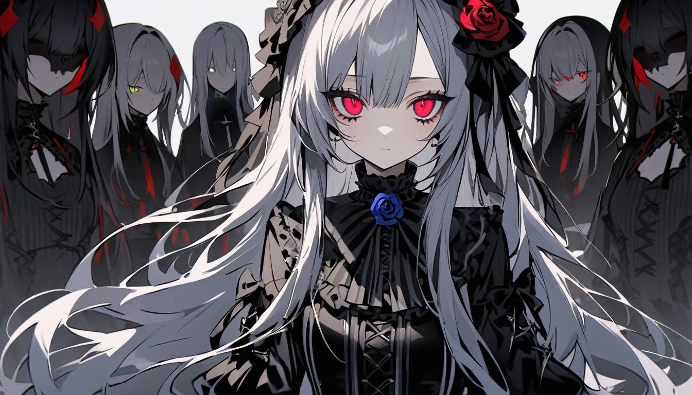  Girl Characters。gray hair color、Glowing red eyes、Long Hair、There is a mole under the left eye。Without background、Depict people only。Gothic Loliashion、bluerose、Blue rose