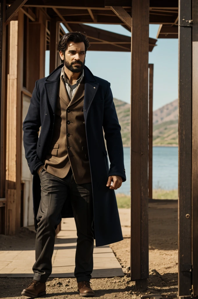Create a high-quality and realistic image of a young black man with short hair and an imposing beard. He should have a determined smile and fierce, penetrating golden eyes, dressed in adventurer-style clothing reminiscent of Indiana Jones, with leather details and utility accessories. The young man should have an athletic body and be in a wilderness setting, with dense vegetation and natural elements in the background. Use detailed textures for the skin, hair, beard, and clothing of the young man. Specify a cinematic lens with a shallow depth of field to focus on the young man and create a blurred background that highlights the wilderness setting. Use natural and realistic lighting to enhance the features of the young man and the atmosphere of the environment. Negative prompts: no body deformities, no unnatural proportions, no low-quality textures, no unrealistic lighting.