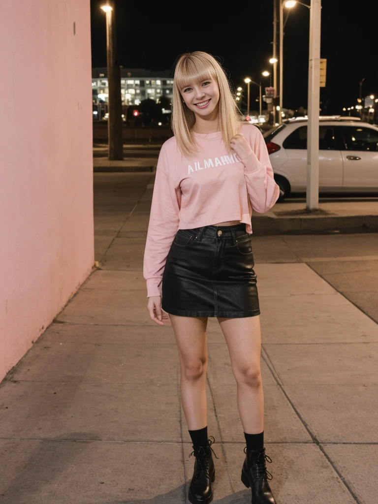 her name is Alliyah, high quality, 1girl, ((20-year-old fit Caucasian woman)), ((20 years old)), ((fit)), ((blonde with bangs)), pose: standing, wearing stylish pink trend Generation-Z modern wear, BACKGROUND: outdoor at night, ugly smiling, POSE: standing