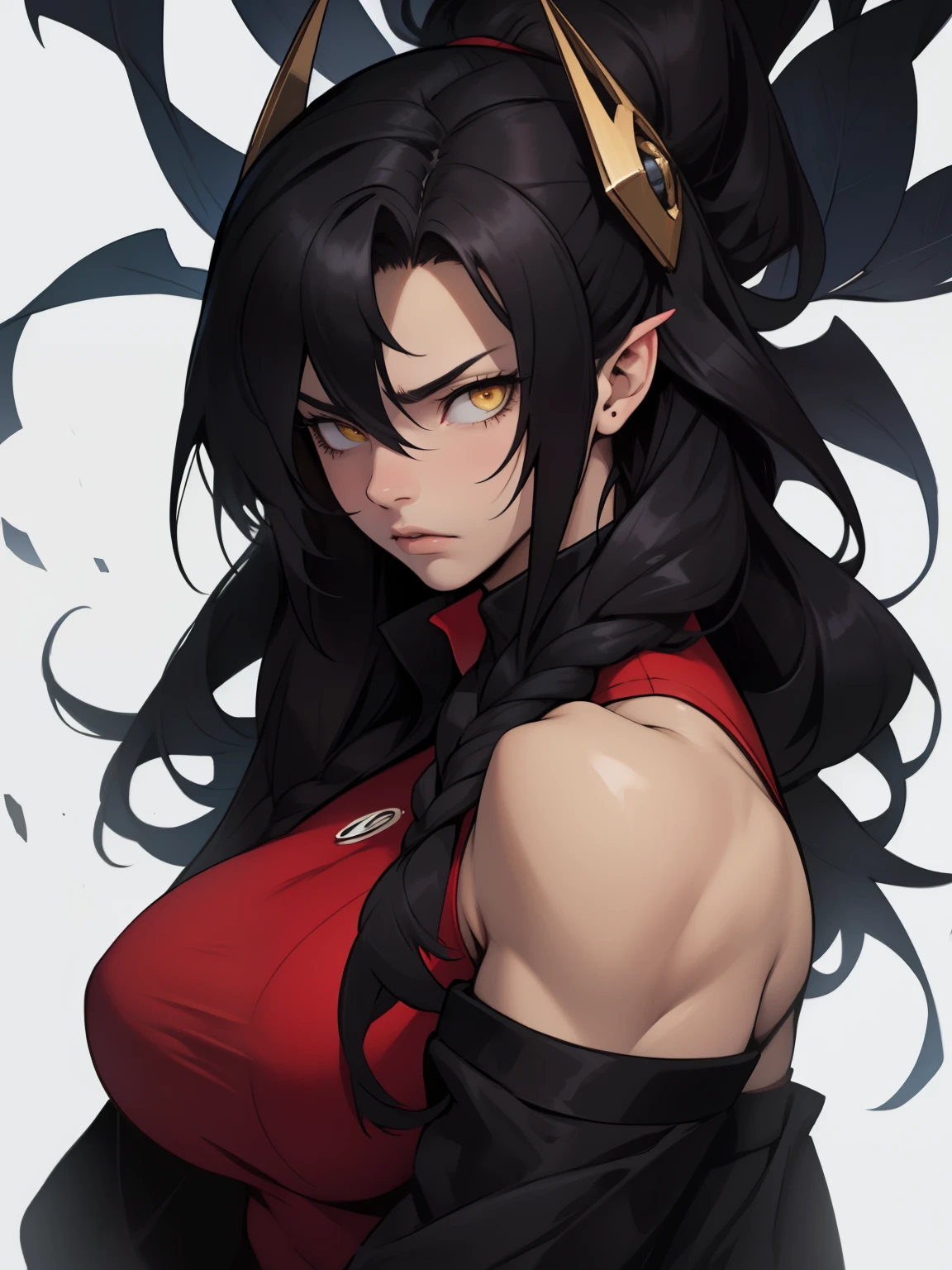 hair flaps massive hair long hair black hair onyx pale skin yellow eyes huge muscles huge breasts sad sad angry sad girl