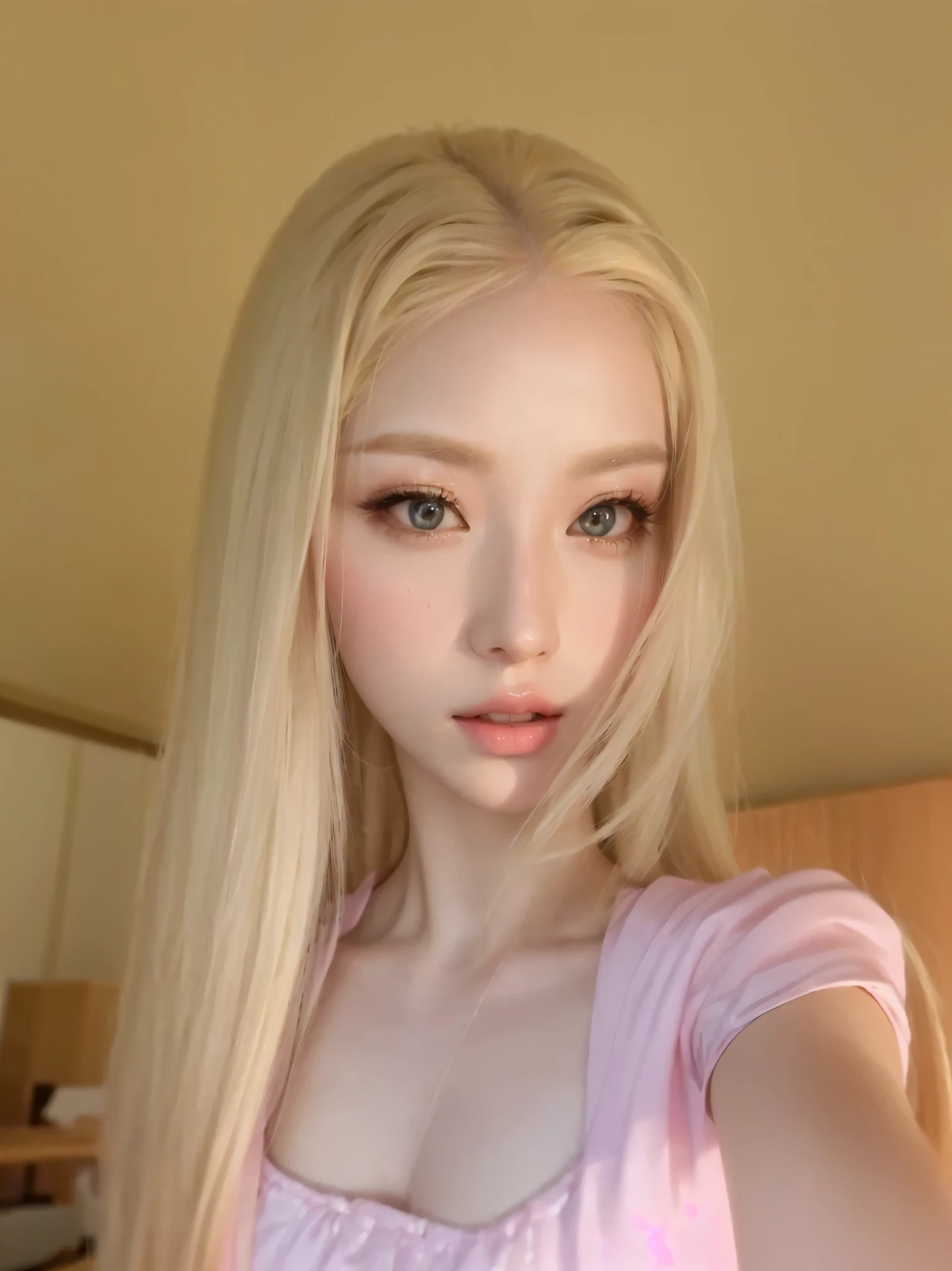 blonde girl with long hair and pink dress taking a selfie, with white long hair, with long white hair, long blonde hair and big eyes, long blonde hair and big eyes, with long blonde hair,  korean, maquiagem sul-korean popular, linda mulher sul-korean, pale milky white porcelain skin, maquiagem korean popular, white hime cut hairstyle, extremely light blonde hair, big boobies
