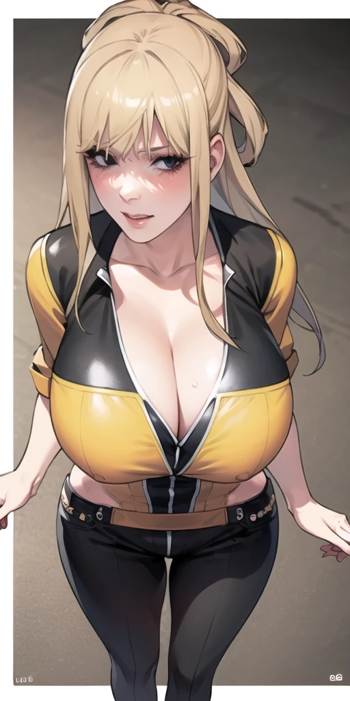 full body, (masterpiece), (best quality), ultra high res, ultra detailed, detailed eyes, intricate, 1girl, blond hair, looking at viewer, huge breasts, cleavage, collarbone, denim, denim shorts, jacket, long sleeves, ((open clothes)), open jacket, partially unzipped, yellow jacket, shirt, short shorts, shorts, tank top, track jacket, unzipped, ((huge breasts, big hips, tight clothes, cleavage, looking at the viewer)), (abs:0.8), blushed, underboob (realistic:1.2), (realism), (masterpiece:1.2), (best quality), (ultra detailed), (8k, 4k, intricate), (85mm), light particles, lighting, (highly detailed:1.2), (detailed face:1.2), (gradients), colorful, (detailed eyes:1.2), (detailed background), detailed landscape, (dynamic angle:1.2), (rule of third_composition:1.3), (Line of action:1.2)