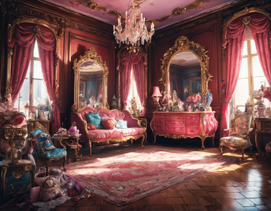 8k, 超High resolution, High resolution, Cinematic, Cinematic image, Intricate details, Realistic, photograph,

Fantasy art style, A room in the castle、Luxury furniture、A room that suits Lolita fashion、Cute clothes、Cute furniture、mirror、mirror台、Lolita clothes on display、Lots of clothes、

Vibrant Style, Flowing and intermingling colors. Airbrush painting.


