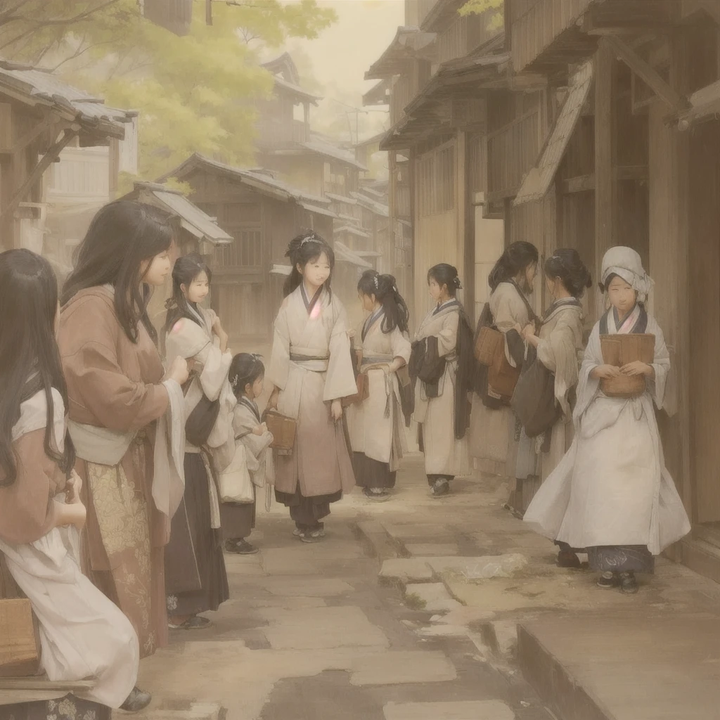 People standing around a building々Group painting, Gwaiz, artwork in the style of Gwaiz, Beautiful artwork illustration, Anime fantasy illustration, 2. 5d cgi anime fantasy artwork, Official artwork, Gwaiz on pixiv artstation, by Kamisaka Sekka, Fairy tale style illustration, Gwaiz masterpieceBlazing flames, fire, crowd, throng, freezing, mother warming her baby.Scenery and Cityscape in the Early Meiji Era After the Meiji Restoration, Japan underwent rapid modernization and civilization. Consequently, many changes and reforms occurred. Below is a detailed explanation of the scenery, appearance of the poor, occupations, and cityscapes in the early Meiji period (1868 to the early 1880s). 2. Appearance of the Poor Life for the impoverished and lower classes remained harsh. In particular, in urban areas, people migrated from rural areas or unemployed artisans gathered, intensifying competition in the labor market. Many of them struggled with poverty, often residing in slums or around temples. 3. Occupations Meiji early Japan witnessed a diversification of occupations. Traditional agriculture and handicrafts were accompanied by the rise of modern industry and commerce. Particularly in urban areas, factory workers, shop clerks, and transporters increased, giving rise to new professions. However, many in these occupations endured harsh working conditions. 4. Influence of Civilization and Enlightenment During the Meiji era, Western cultural influences spread rapidly. Changes in clothing, dietary habits, and the proliferation of Western-style architecture advanced, especially in urban areas. Conversely, this development posed a threat to traditional culture and lifestyles, resulting in societal upheaval and adaptation challenges. 5. Social Change and Policy Influence While promoting modernization policies, the government also addressed poverty and social issues. Legislation for labor protection and charitable activities to aid the poor were implemented. Nevertheless, living conditions for the impoverished scarcely improved. The early Meiji period marked a rapid 