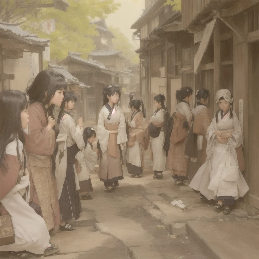 People standing around a building々Group painting, Gwaiz, artwork in the style of Gwaiz, Beautiful artwork illustration, Anime fantasy illustration, 2. 5d cgi anime fantasy artwork, Official artwork, Gwaiz on pixiv artstation, by Kamisaka Sekka, Fairy tale style illustration, Gwaiz masterpieceBlazing flames, fire, crowd, throng, freezing, mother warming her .Scenery and Cityscape in the Early Meiji Era After the Meiji Restoration, Japan underwent rapid modernization and civilization. Consequently, many changes and reforms occurred. Below is a detailed explanation of the scenery, appearance of the poor, occupations, and cityscapes in the early Meiji period (1868 to the early 1880s). 2. Appearance of the Poor Life for the impoverished and lower classes remained harsh. In particular, in urban areas, people migrated from rural areas or unemployed artisans gathered, intensifying competition in the labor market. Many of them struggled with poverty, often residing in slums or around temples. 3. Occupations Meiji early Japan witnessed a diversification of occupations. Traditional agriculture and handicrafts were accompanied by the rise of modern industry and commerce. Particularly in urban areas, factory workers, shop clerks, and transporters increased, giving rise to new professions. However, many in these occupations endured harsh working conditions. 4. Influence of Civilization and Enlightenment During the Meiji era, Western cultural influences spread rapidly. Changes in clothing, dietary habits, and the proliferation of Western-style architecture advanced, especially in urban areas. Conversely, this development posed a threat to traditional culture and lifestyles, resulting in societal upheaval and adaptation challenges. 5. Social Change and Policy Influence While promoting modernization policies, the government also addressed poverty and social issues. Legislation for labor protection and charitable activities to aid the poor were implemented. Nevertheless, living conditions for the impoverished scarcely improved. The early Meiji period marked a rapid 