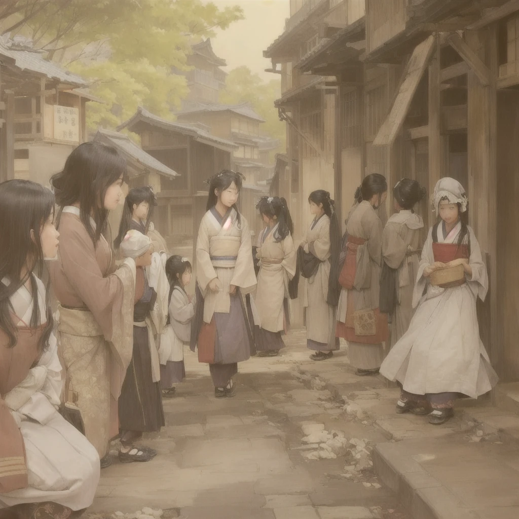 People standing around a building々Group painting, Gwaiz, artwork in the style of Gwaiz, Beautiful artwork illustration, Anime fantasy illustration, 2. 5d cgi anime fantasy artwork, Official artwork, Gwaiz on pixiv artstation, by Kamisaka Sekka, Fairy tale style illustration, Gwaiz masterpieceBlazing flames, fire, crowd, throng, freezing, mother warming her .Scenery and Cityscape in the Early Meiji Era After the Meiji Restoration, Japan underwent rapid modernization and civilization. Consequently, many changes and reforms occurred. Below is a detailed explanation of the scenery, appearance of the poor, occupations, and cityscapes in the early Meiji period (1868 to the early 1880s). 2. Appearance of the Poor Life for the impoverished and lower classes remained harsh. In particular, in urban areas, people migrated from rural areas or unemployed artisans gathered, intensifying competition in the labor market. Many of them struggled with poverty, often residing in slums or around temples. 3. Occupations Meiji early Japan witnessed a diversification of occupations. Traditional agriculture and handicrafts were accompanied by the rise of modern industry and commerce. Particularly in urban areas, factory workers, shop clerks, and transporters increased, giving rise to new professions. However, many in these occupations endured harsh working conditions. 4. Influence of Civilization and Enlightenment During the Meiji era, Western cultural influences spread rapidly. Changes in clothing, dietary habits, and the proliferation of Western-style architecture advanced, especially in urban areas. Conversely, this development posed a threat to traditional culture and lifestyles, resulting in societal upheaval and adaptation challenges. 5. Social Change and Policy Influence While promoting modernization policies, the government also addressed poverty and social issues. Legislation for labor protection and charitable activities to aid the poor were implemented. Nevertheless, living conditions for the impoverished scarcely improved. The early Meiji period marked a rapid