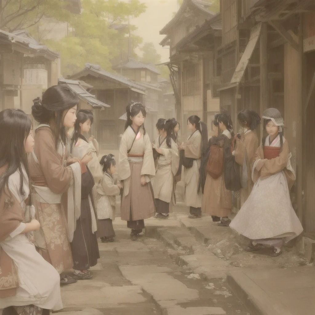 People standing around a building々Group painting, Gwaiz, artwork in the style of Gwaiz, Beautiful artwork illustration, Anime fantasy illustration, 2. 5d cgi anime fantasy artwork, Official artwork, Gwaiz on pixiv artstation, by Kamisaka Sekka, Fairy tale style illustration, Gwaiz masterpieceBlazing flames, fire, crowd, throng, freezing, mother warming her baby.Scenery and Cityscape in the Early Meiji Era After the Meiji Restoration, Japan underwent rapid modernization and civilization. Consequently, many changes and reforms occurred. Below is a detailed explanation of the scenery, appearance of the poor, occupations, and cityscapes in the early Meiji period (1868 to the early 1880s). 2. Appearance of the Poor Life for the impoverished and lower classes remained harsh. In particular, in urban areas, people migrated from rural areas or unemployed artisans gathered, intensifying competition in the labor market. Many of them struggled with poverty, often residing in slums or around temples. 3. Occupations Meiji early Japan witnessed a diversification of occupations. Traditional agriculture and handicrafts were accompanied by the rise of modern industry and commerce. Particularly in urban areas, factory workers, shop clerks, and transporters increased, giving rise to new professions. However, many in these occupations endured harsh working conditions. 4. Influence of Civilization and Enlightenment During the Meiji era, Western cultural influences spread rapidly. Changes in clothing, dietary habits, and the proliferation of Western-style architecture advanced, especially in urban areas. Conversely, this development posed a threat to traditional culture and lifestyles, resulting in societal upheaval and adaptation challenges. 5. Social Change and Policy Influence While promoting modernization policies, the government also addressed poverty and social issues. Legislation for labor protection and charitable activities to aid the poor were implemented. Nevertheless, living conditions for the impoverished scarcely improved. The early Meiji period marked a rapid 