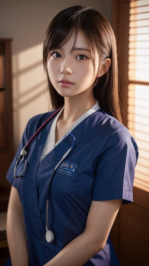 A beautiful young Japanese woman, around 20 years old, wearing a Nurses' Uniforms, ultra-detailed, 8K resolution, highly realistic, cinematic lighting, best quality, masterpiece, photorealistic, physically-based rendering, extremely detailed, vivid colors, professional, sharp focus, studio lighting