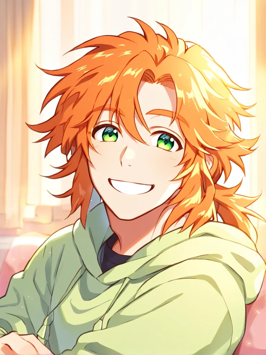 Solo male, male, orange hair, green eyes, mullet hair, smiling, happy, cozy background, shining light, perfect eyes, wearing hoodie