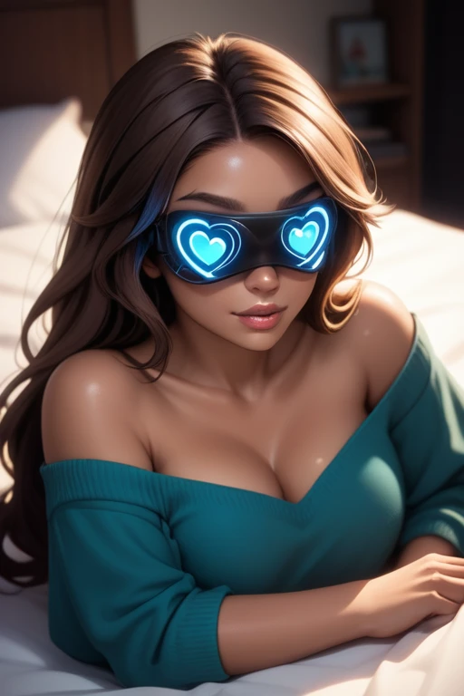Tall hispanic woman with expressive hazel eyes and long wavy dark brown hair; warm olive skin; hourglass build; ("heart-shaped-face" with full lips); ample ?????; wearing casual clothes; best quality; trending on artstation; dark room with complex volumetric lighting; strong shadows; artistic lighting; dynamic; energetic vibe; realistic skin; specular highlights; micro-textures; highly detailed hair; wearing a VR Mask Headset and laying on bed.