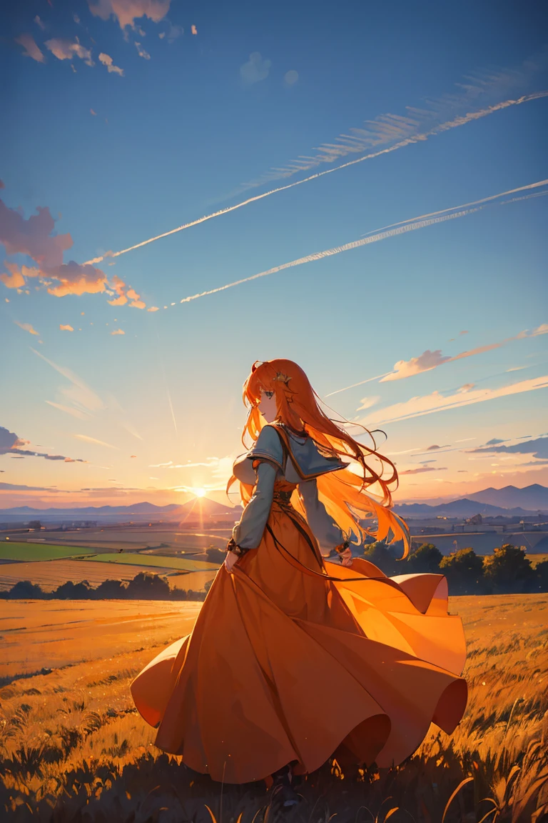 1 girl, alone, Long orange hair, running, (High wheat fields), turn around, emerald eyes, long blue dress, Middle Ages, Middle Ages 복장, long sleeve sunset, light from behind, Shadows in the picture, laugh, laugh, (blue sky), wheat in the background, stand far away, looking at viewer, total length