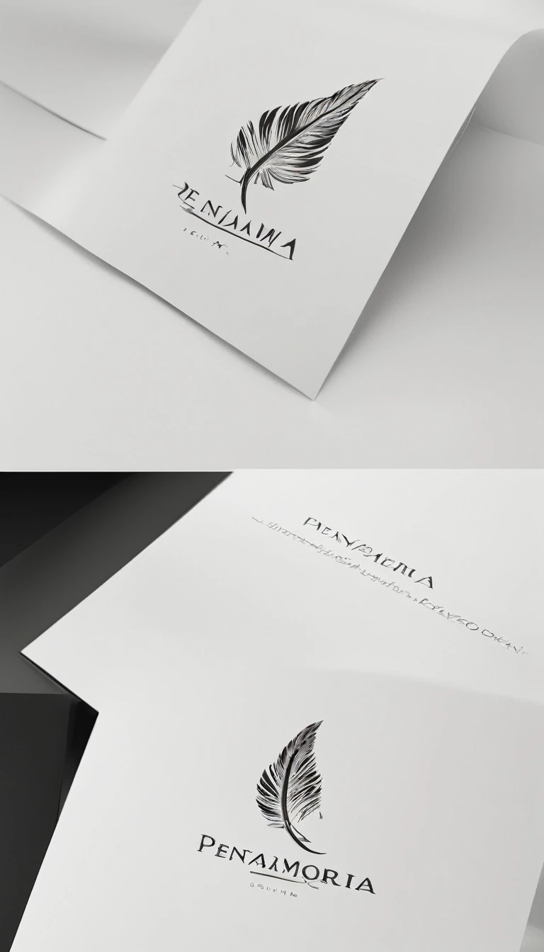 A minimal, modern, simple, cinematic logo design for the brand “Penamemoria". Create a modern, minimalistic, high-quality, logo of a feather that convey a sense of memories and dreams