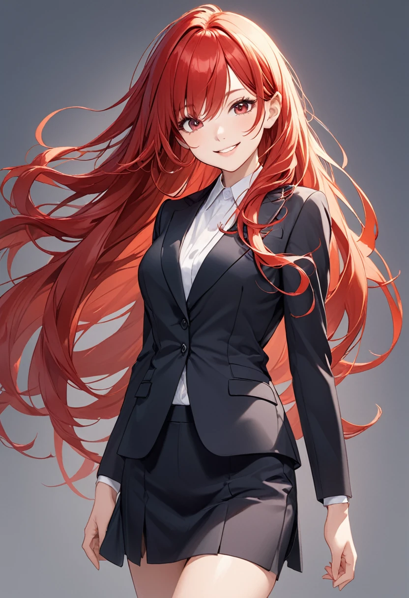 long redhead hair, loose hair, wearing formal business clothes, a short skirt, looking at the camera, smiling, eyes large, Eyes red