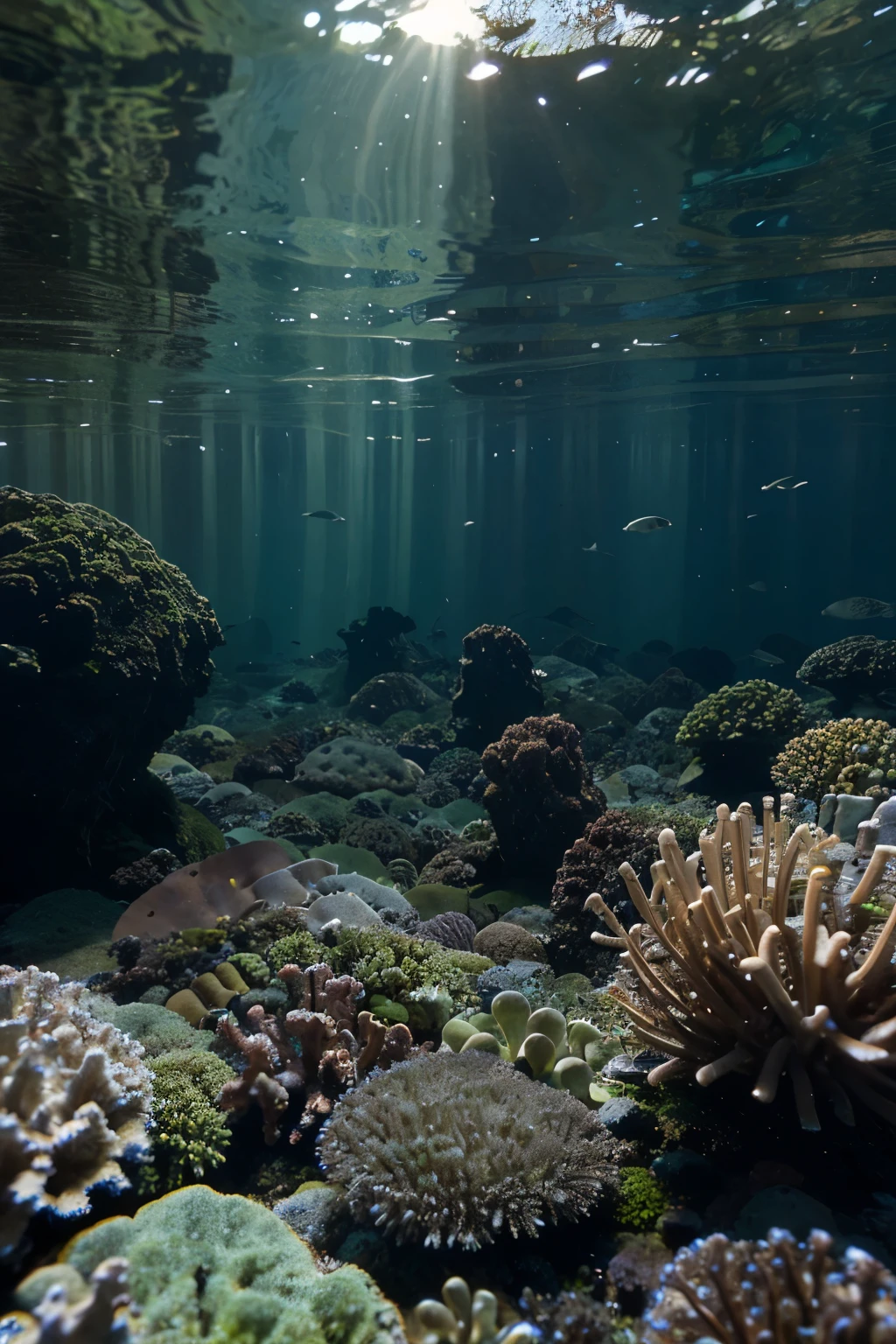 Description: In a primeval ocean, under a sky without oxygen, tiny green algae begin to capture sunlight.