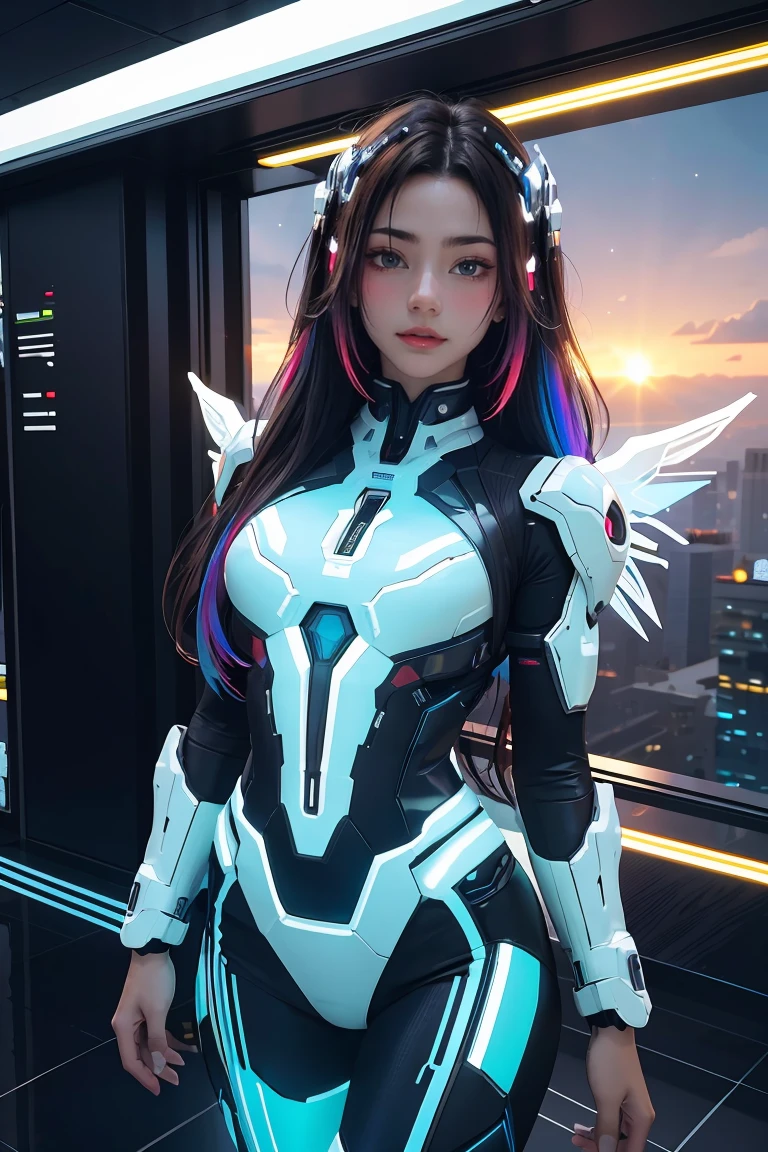 ((masterpiece, best quality, extremely detailed), volumetric lighting, ambient occlusion, colorful, glowing), 
1girl, solo, young girl, (dark hair), long hair, halo, aura, sacred, godness, cyber suit, (random-colored outfit:1.3), android, bot, cybernetic wings,
outdoors, sunset, sky, clouds, space, (cyberpunk theme:1.2),