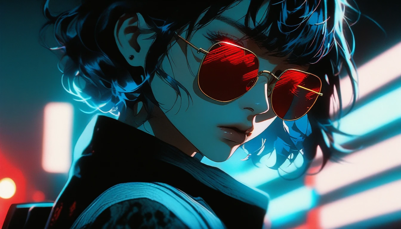 Both eyes are blue,Light blue sunglasses,Realistic, Analog Style, VHS style, 8mm film, chromatic aberration, DVD Screen Grab, 80s movie, Cinema Lighting, Yumi, Live Portrait Shooting, Contemporary photography, Gothic dark and intense style, Aesthetics of snapshots, light black, China Punk, thin, Karen Core, Attention to detail, Realisticな影, moving, Movie stills