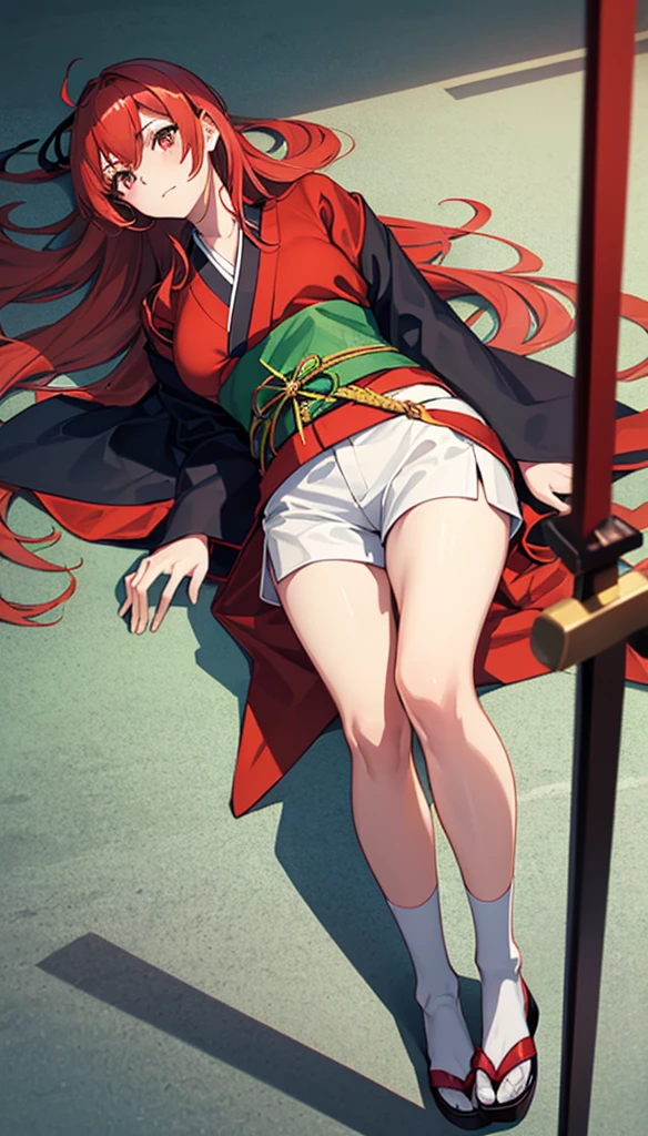 Good quality half body photo))(Teenage girl))アニメ)) looking at the camera angle))teenage girl with straight white hair with red highlights, straight white hair with red highlights, not very long hair, red band in hair, red hair tie in hair, big hair, Eyes red, scar on cheek, Caucasian skin, kimono tight shirt, japanese kimono, blue kimono blouse, blue blouse, short shorts, short shorts, big socks e pretas, yellow belt on the waist in the middle of the kimono, swords, Eyes red, he would be,Darkening, haughty, habilidade swordshin,swords na cinturado kimono, breasts big, japanese wooden slipper, white and red hair,  warrioress, scar on cheek, esoadashin, big black socks, big socks,