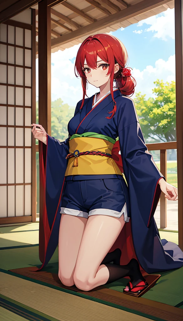 Good quality half body photo))(Teenage girl))アニメ)) looking at the camera angle))teenage girl with straight white hair with red highlights, straight white hair with red highlights, not very long hair, red band in hair, red hair tie in hair, big hair, Eyes red, scar on cheek, Caucasian skin, kimono tight shirt, japanese kimono, blue kimono blouse, blue blouse, short shorts, short shorts, big socks e pretas, yellow belt on the waist in the middle of the kimono, swords, Eyes red, he would be,Darkening, haughty, habilidade swordshin,swords na cinturado kimono, breasts big, japanese wooden slipper, white and red hair,  warrioress, scar on cheek, esoadashin, big black socks, big socks,